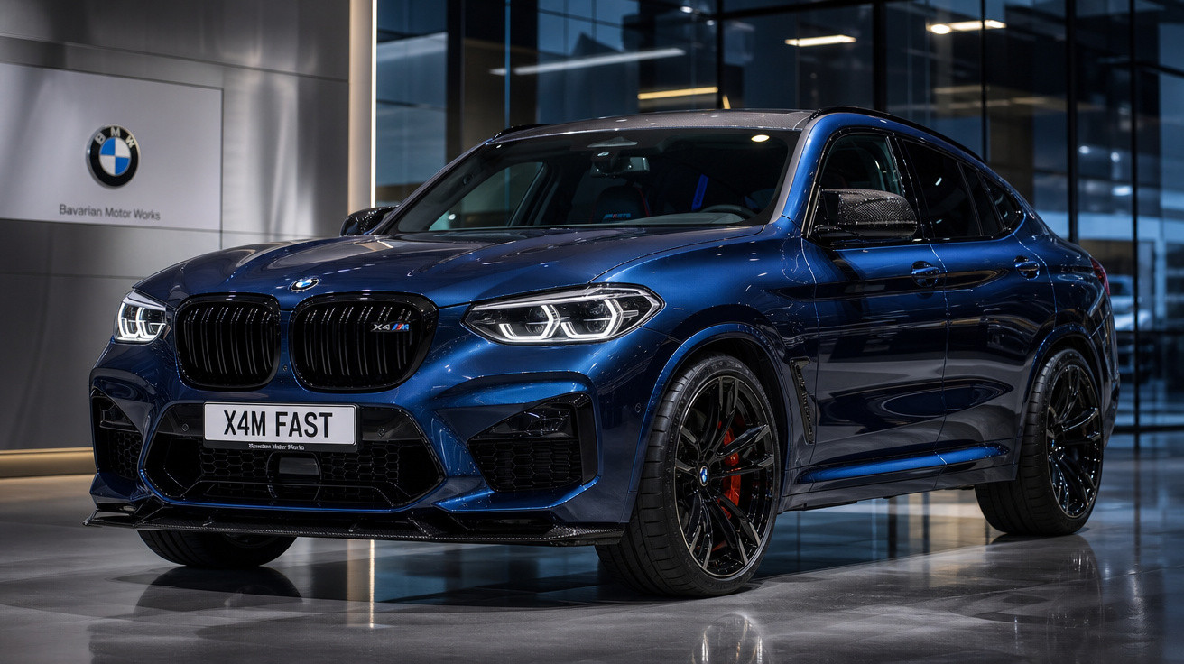 BMW X4 M azul escuro estacionado em showroom moderno com iluminação embutida e piso refletivo.