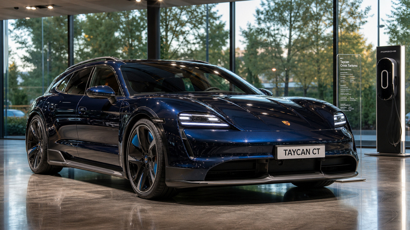 Carro elétrico Porsche Taycan CT azul escuro exibido em showroom moderno com paredes de vidro.