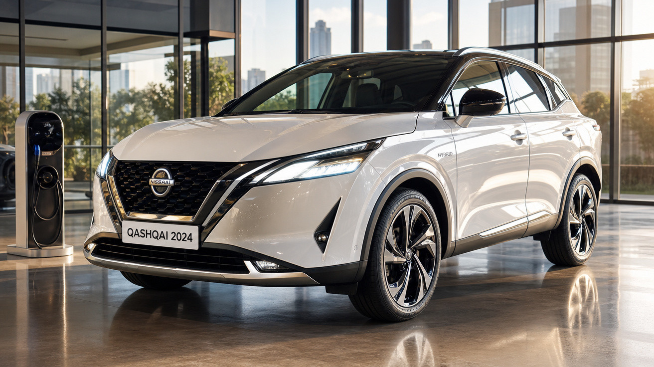 SUV Nissan Qashqai 2024 branco estacionado em showroom moderno com carregador elétrico ao lado.