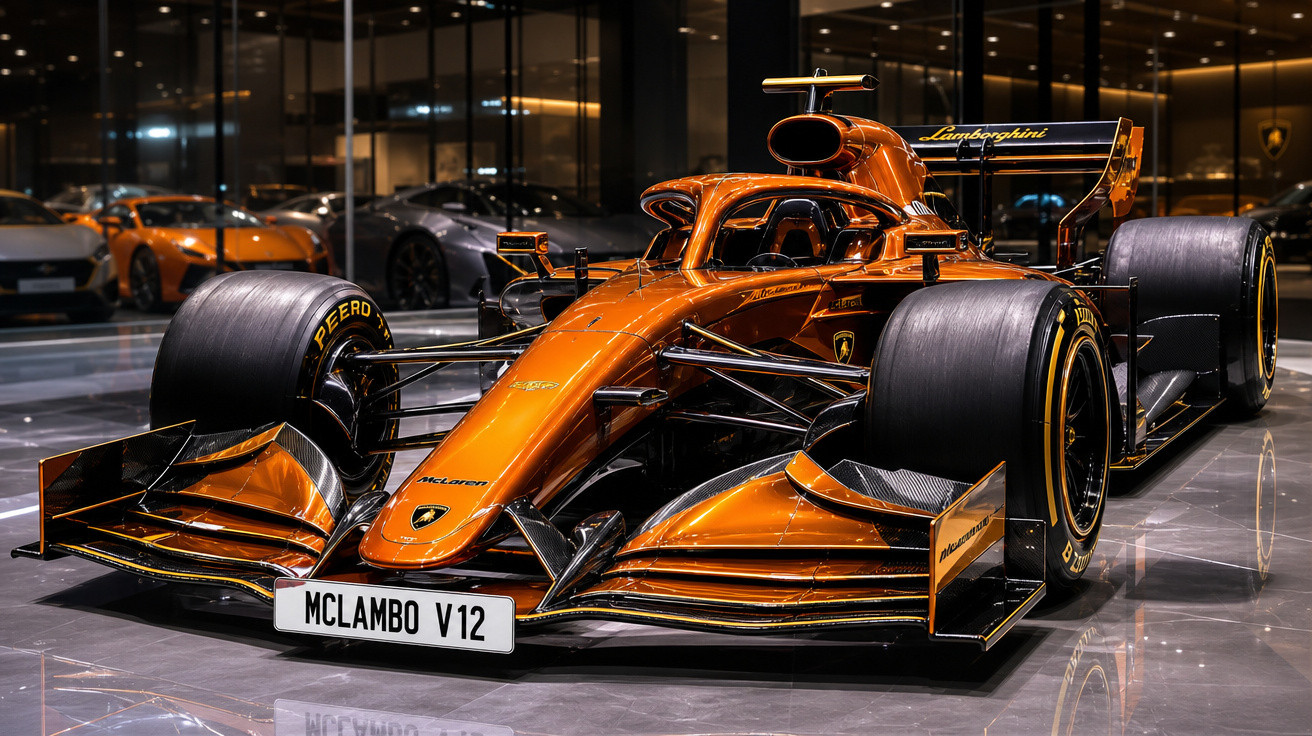 Carro de Fórmula 1 laranja McLambo V12 exposto em showroom com reflexo no chão brilhante.