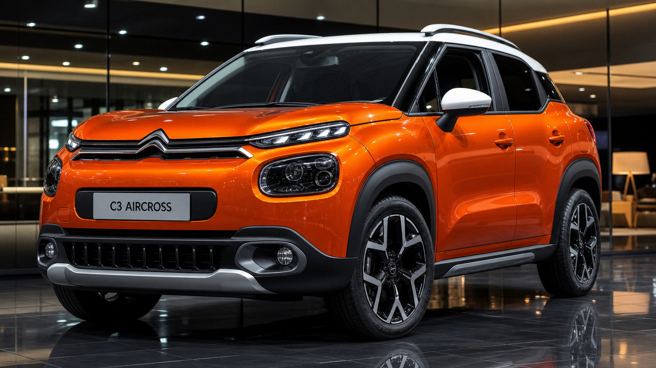 Carro SUV Citroën C3 Aircross laranja estacionado em ambiente interno com iluminação moderna.