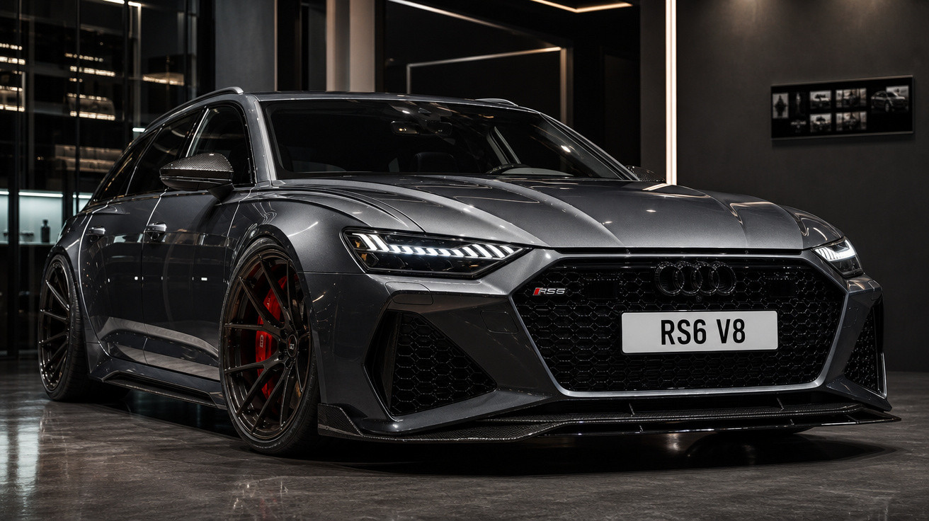 Carro esportivo Audi RS6 V8 cinza escuro estacionado em garagem moderna com iluminação baixa.