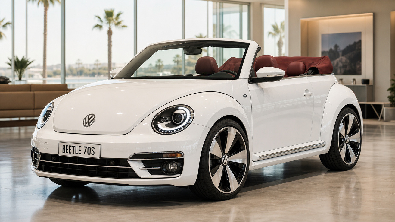 Carro conversível Volkswagen Beetle 70S branco com interior em couro vermelho em showroom moderno.