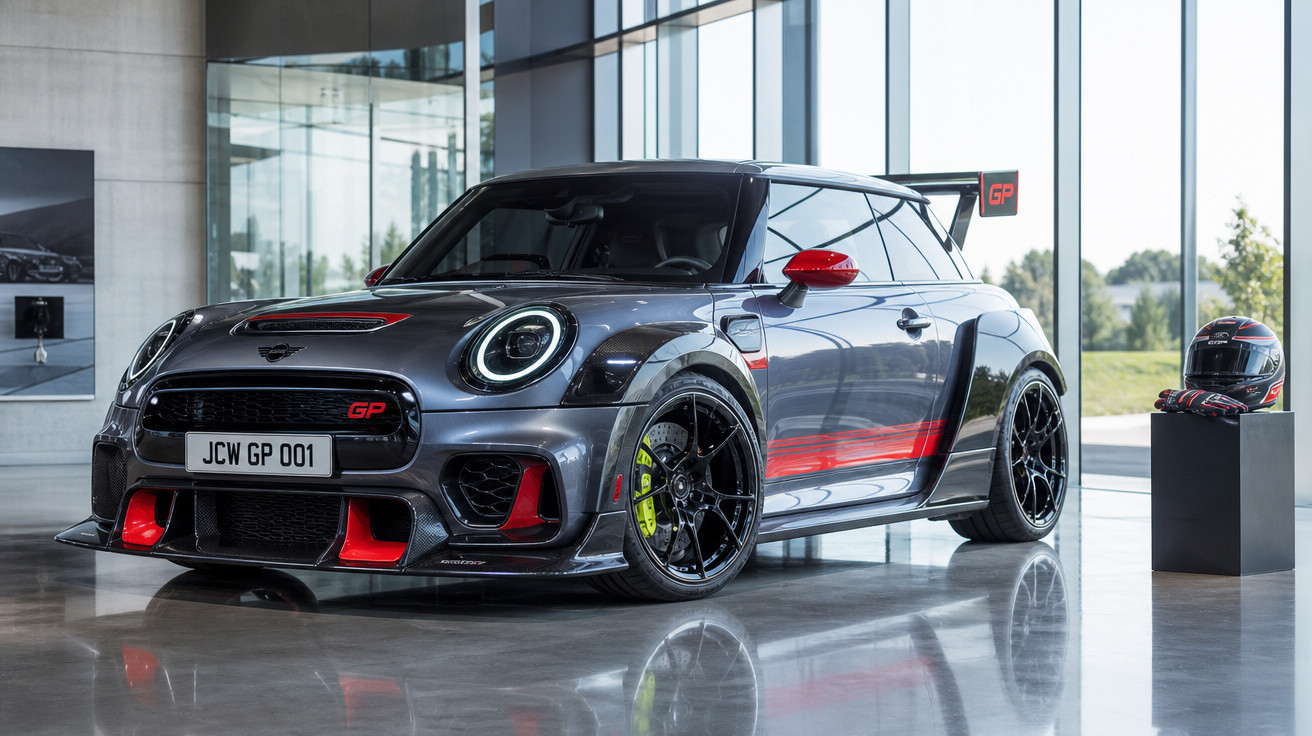 Carro esportivo Mini Cooper JCW GP cinza com detalhes em vermelho, exposto em ambiente moderno e iluminado.