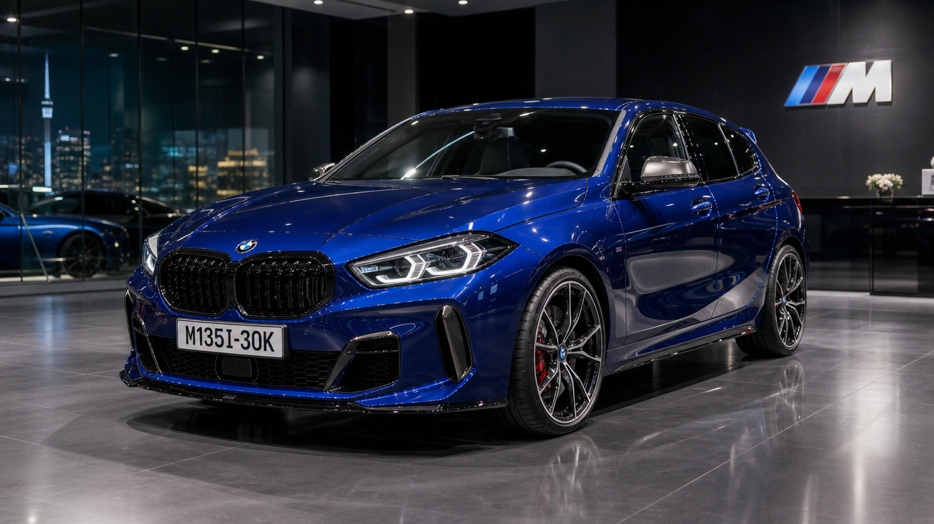 Carro BMW M135i azul escuro em área interna com piso reflexivo e logo M na parede preta.