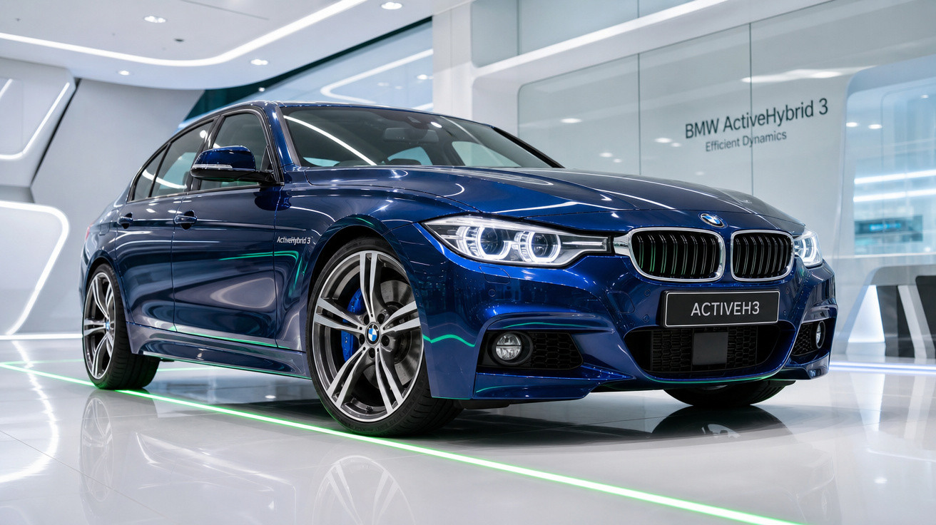 Carro BMW ActiveHybrid 3 azul escuro exibido em ambiente moderno e iluminado.