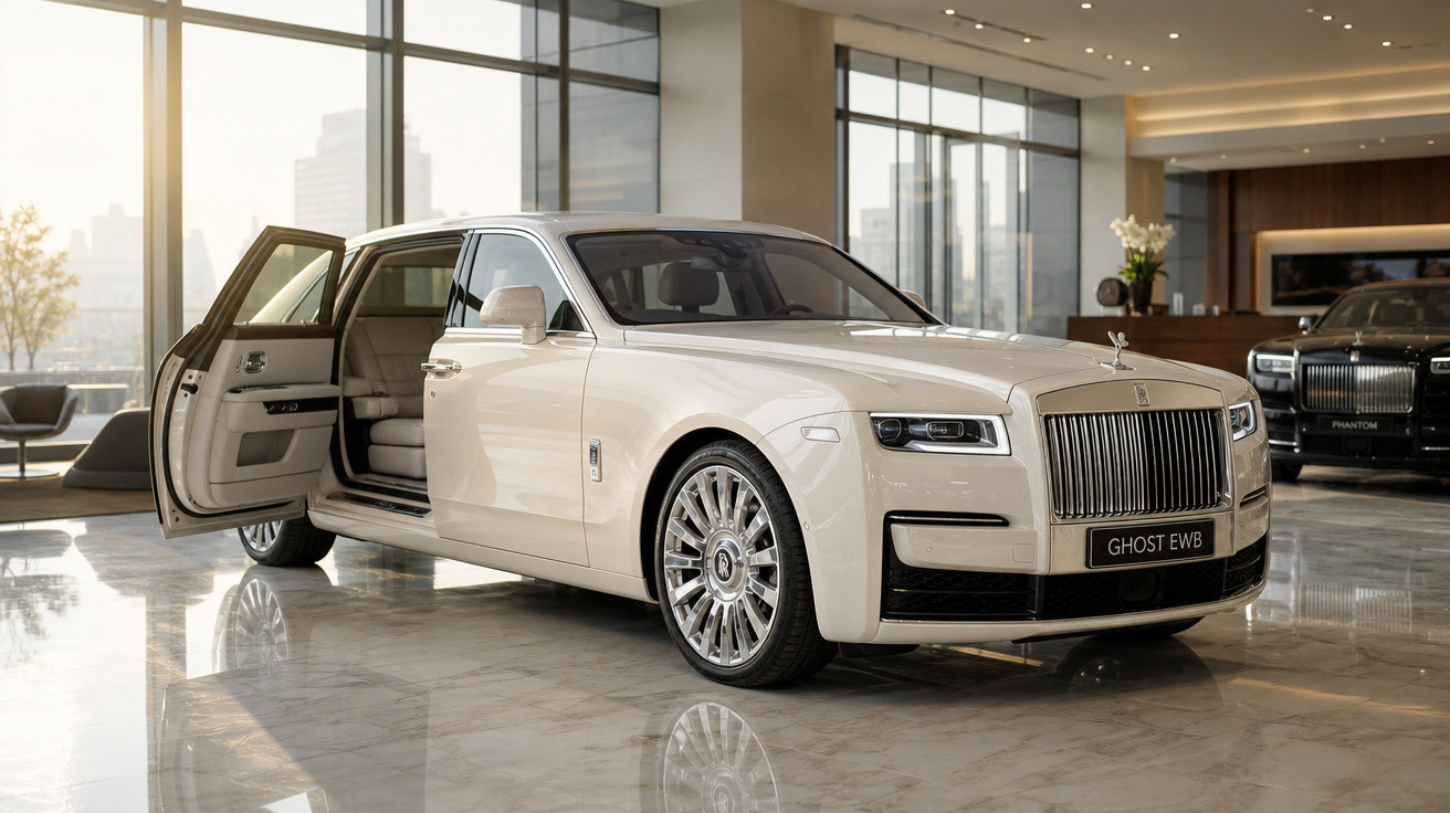 Carro de luxo Rolls-Royce Ghost EWB branco em showroom com porta traseira aberta e interior em couro bege.