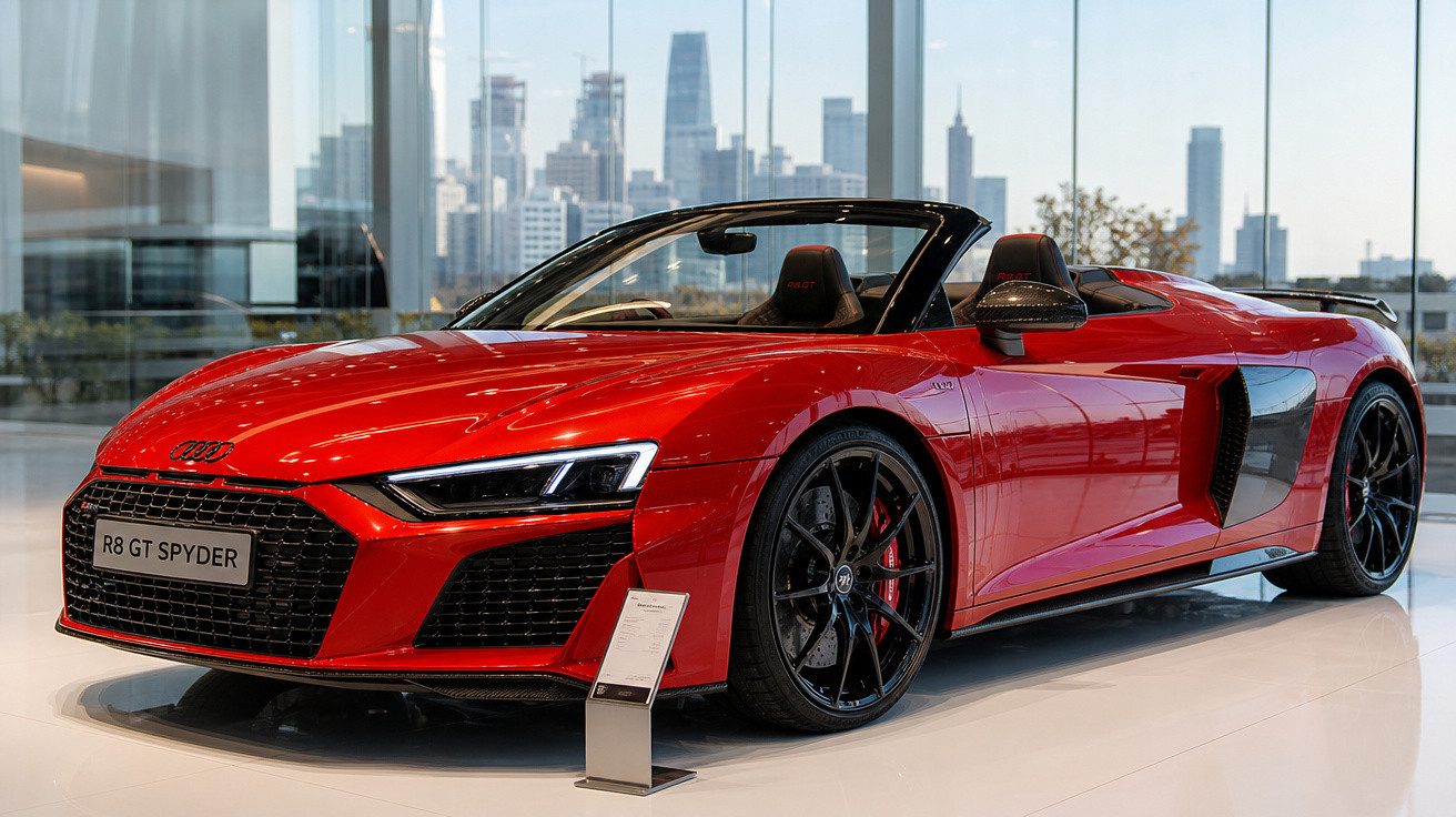 Carro esportivo conversível Audi R8 GT Spyder vermelho exibido em showroom moderno com prédios ao fundo.