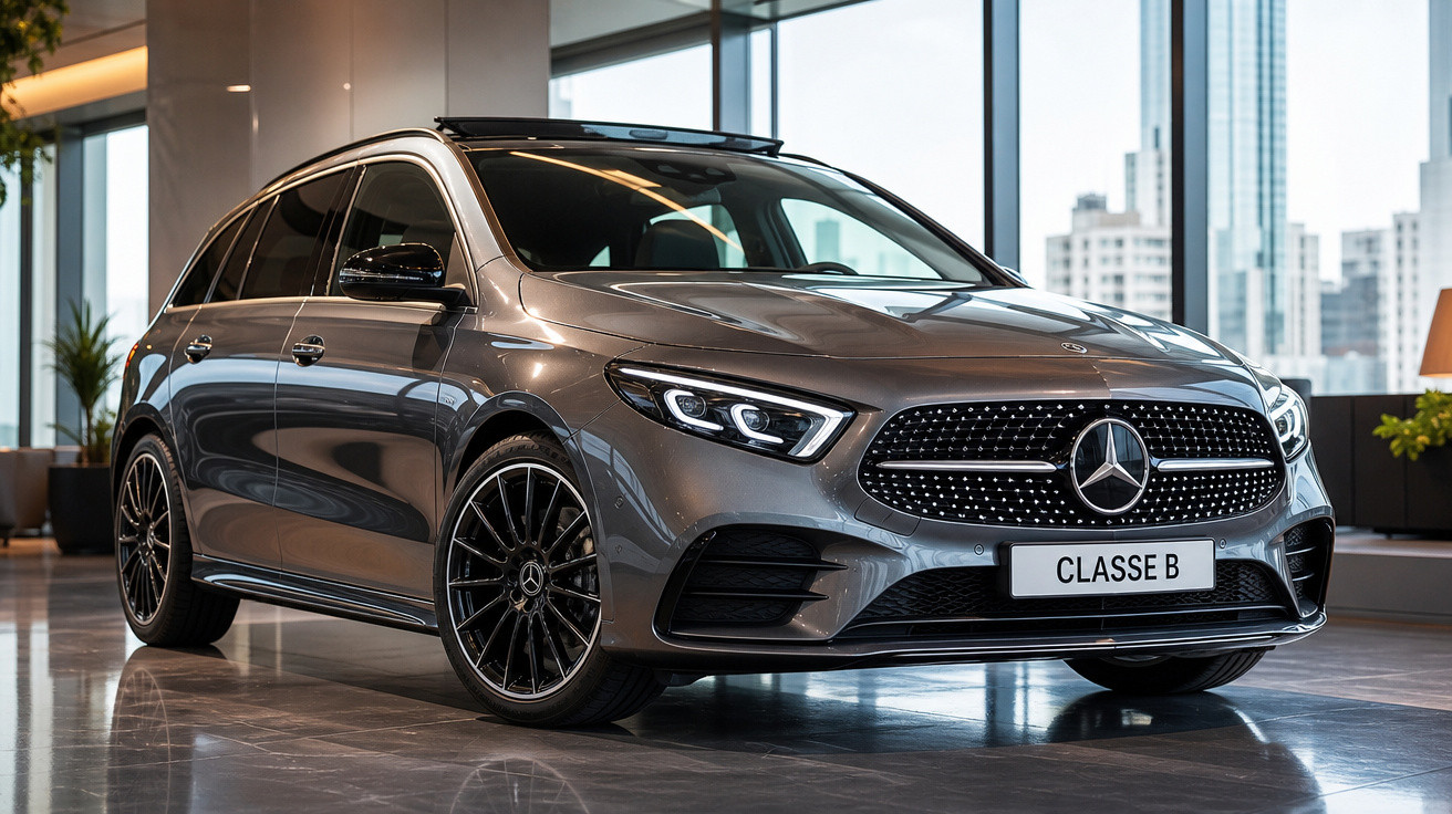 Carro Mercedes-Benz Classe B cinza exibido em ambiente interno moderno, com janelas e pisos refletivos.