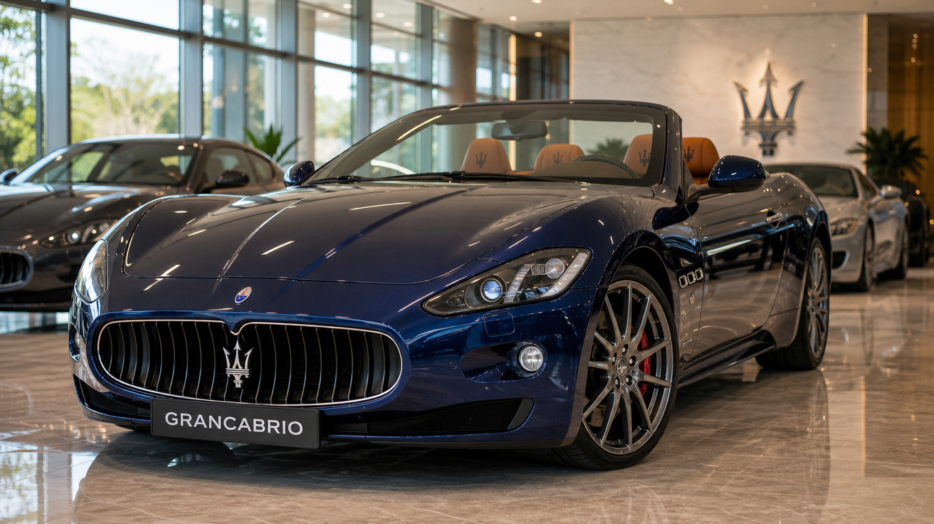 Carro esportivo conversível Maserati GranCabrio azul exibido em showroom luxuoso com piso de mármore.