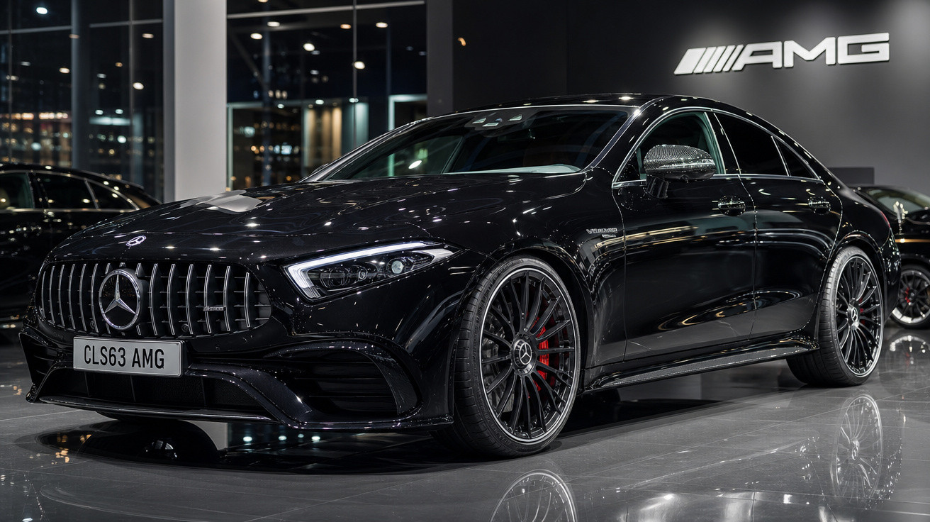 Carro esportivo preto Mercedes-Benz CLS63 AMG exibido em showroom sob iluminação intensa.