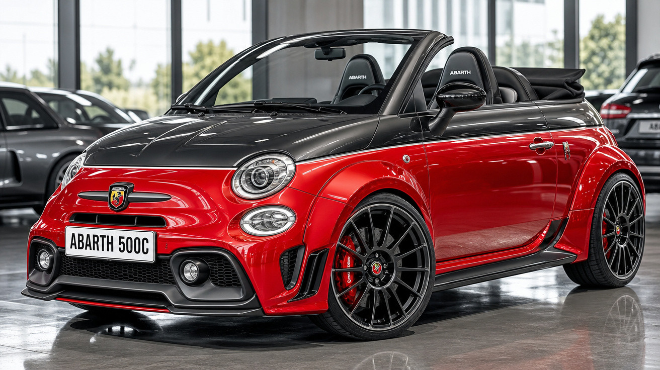 Carro conversível esportivo Abarth 500C vermelho e preto estacionado em showroom.