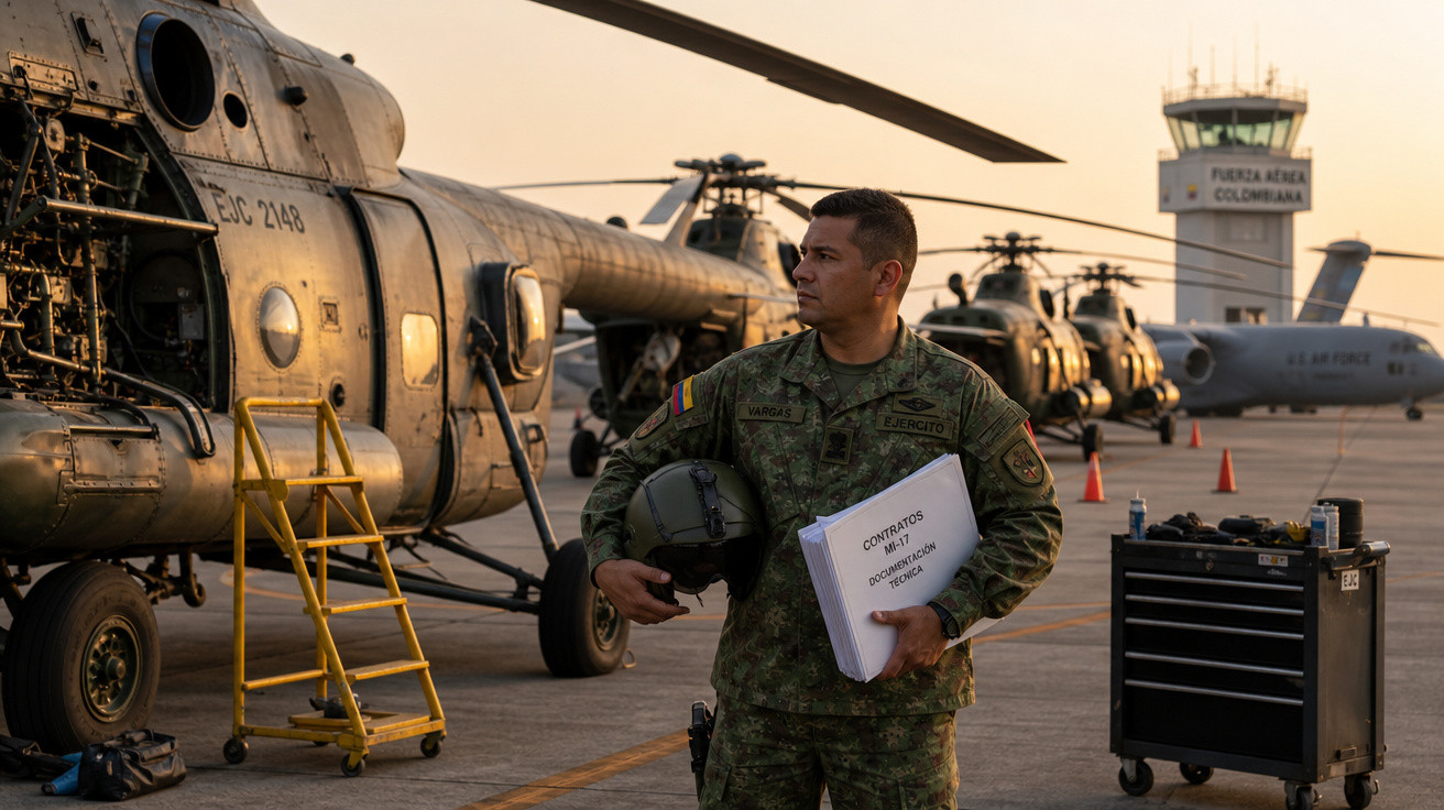 Militar em uniforme segurando capacete e documentos ao lado de helicópteros em hangar da Força Aérea Colombiana.
