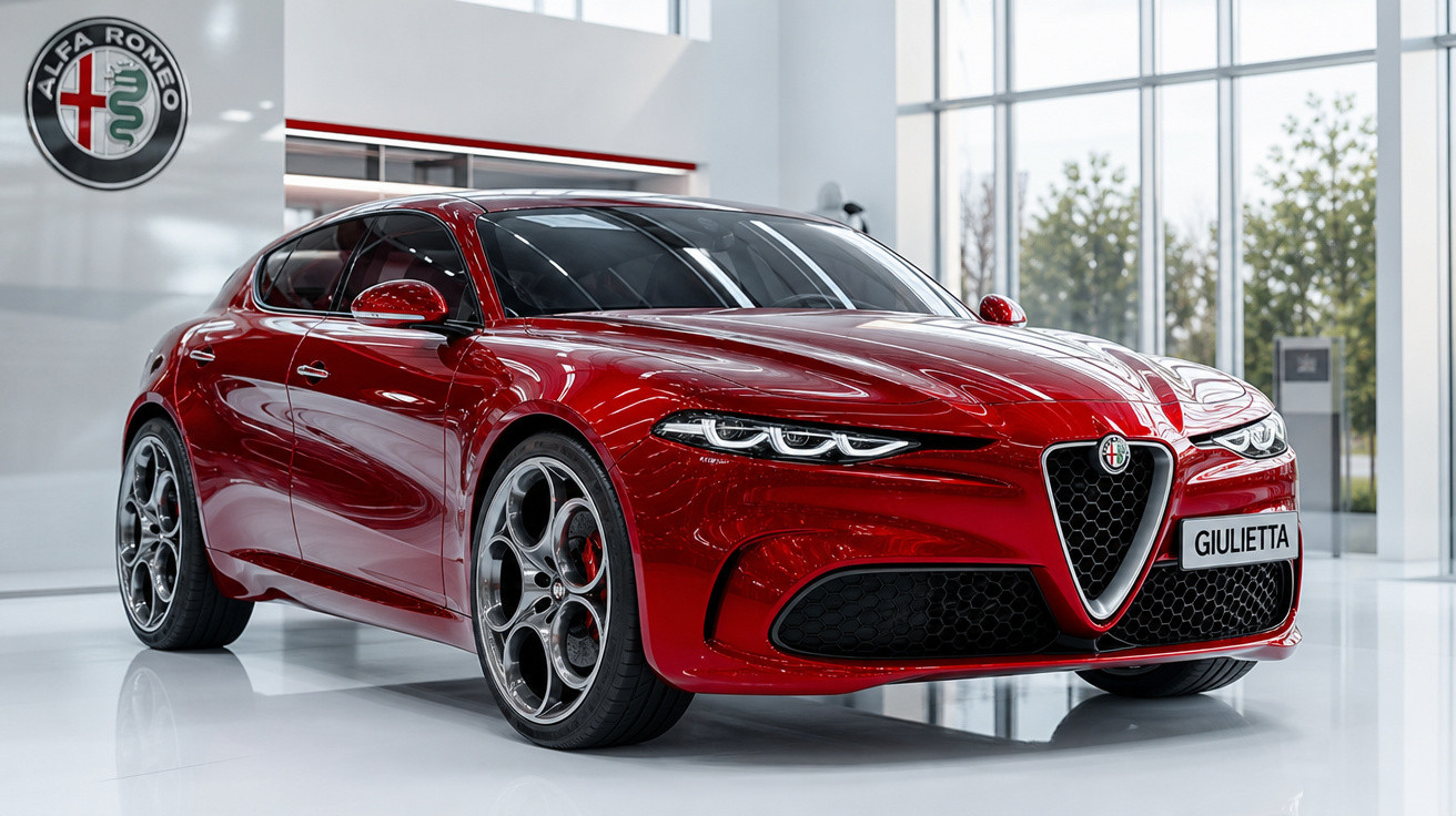 Carro vermelho Alfa Romeo Giulietta em showroom moderno com grande logo na parede branca.
