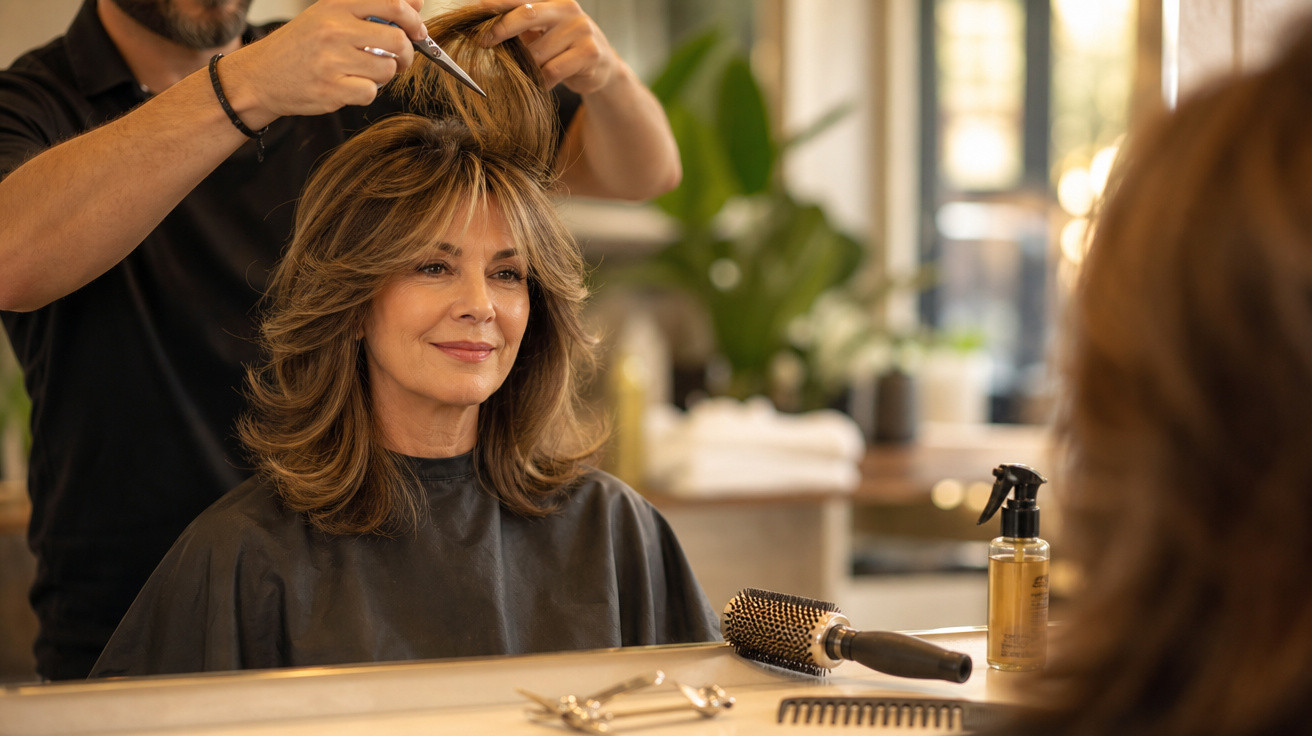 Mulher sorrindo enquanto cabeleireiro corta seu cabelo em salão de beleza moderno.