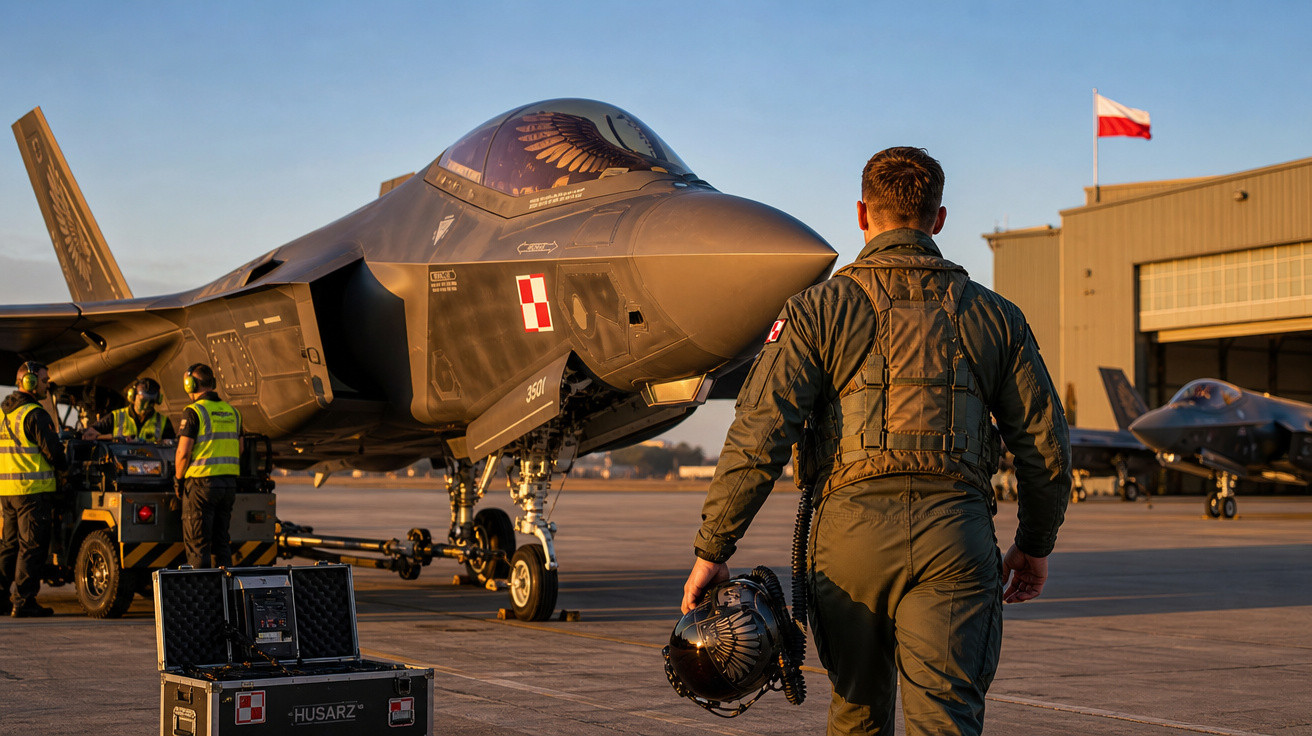 Piloto caminhando para caça F-35 com equipe técnica e bandeira da Polônia ao fundo em base aérea.