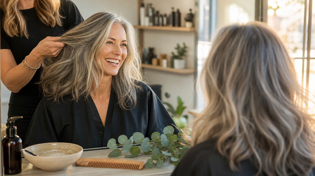 Mulher sorridente em um salão de beleza recebendo tratamento no cabelo com luz natural.