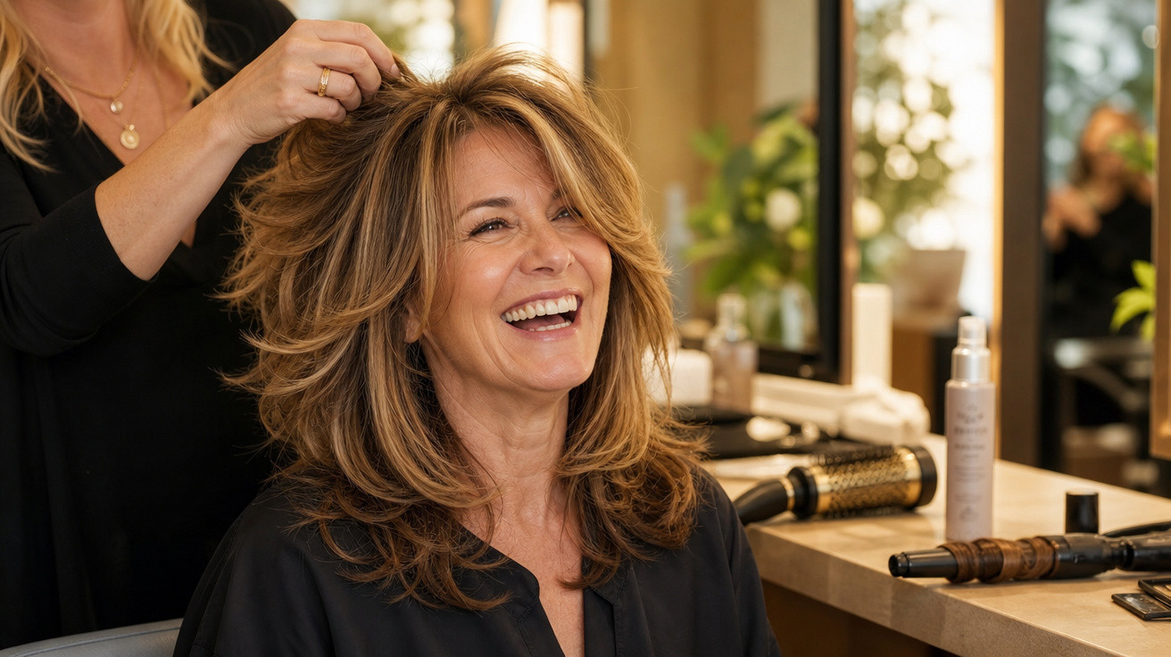 Mulher sorridente recebendo tratamento no cabelo enquanto está sentada em salão de beleza.