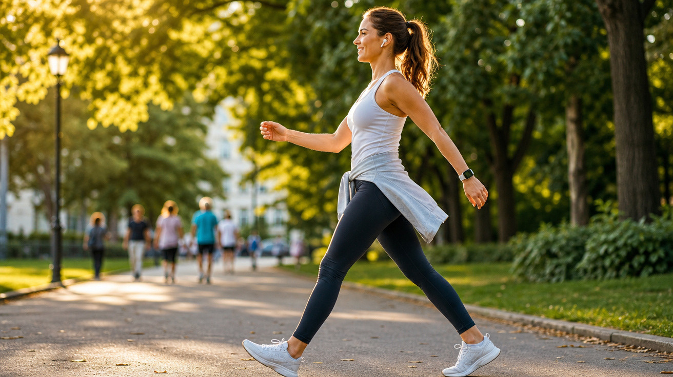 Mulher sorridente caminhando em parque ensolarado usando roupa esportiva e fones de ouvido brancos.