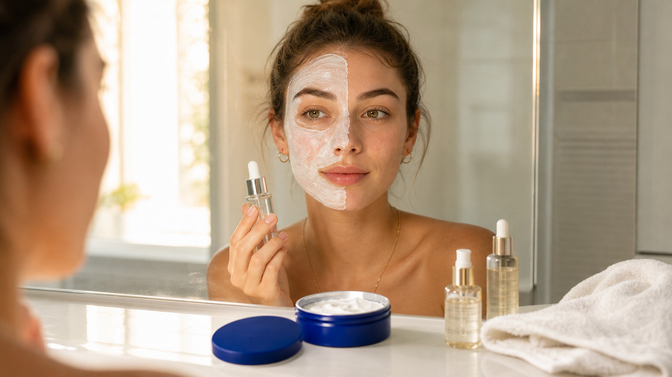 Mulher aplicando máscara facial branca em metade do rosto em frente ao espelho no banheiro.