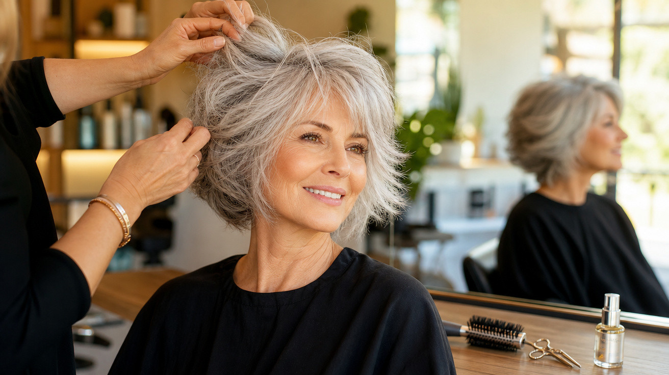 Mulher sorridente com cabelo grisalho sendo arrumado por cabeleireiro em salão de beleza.