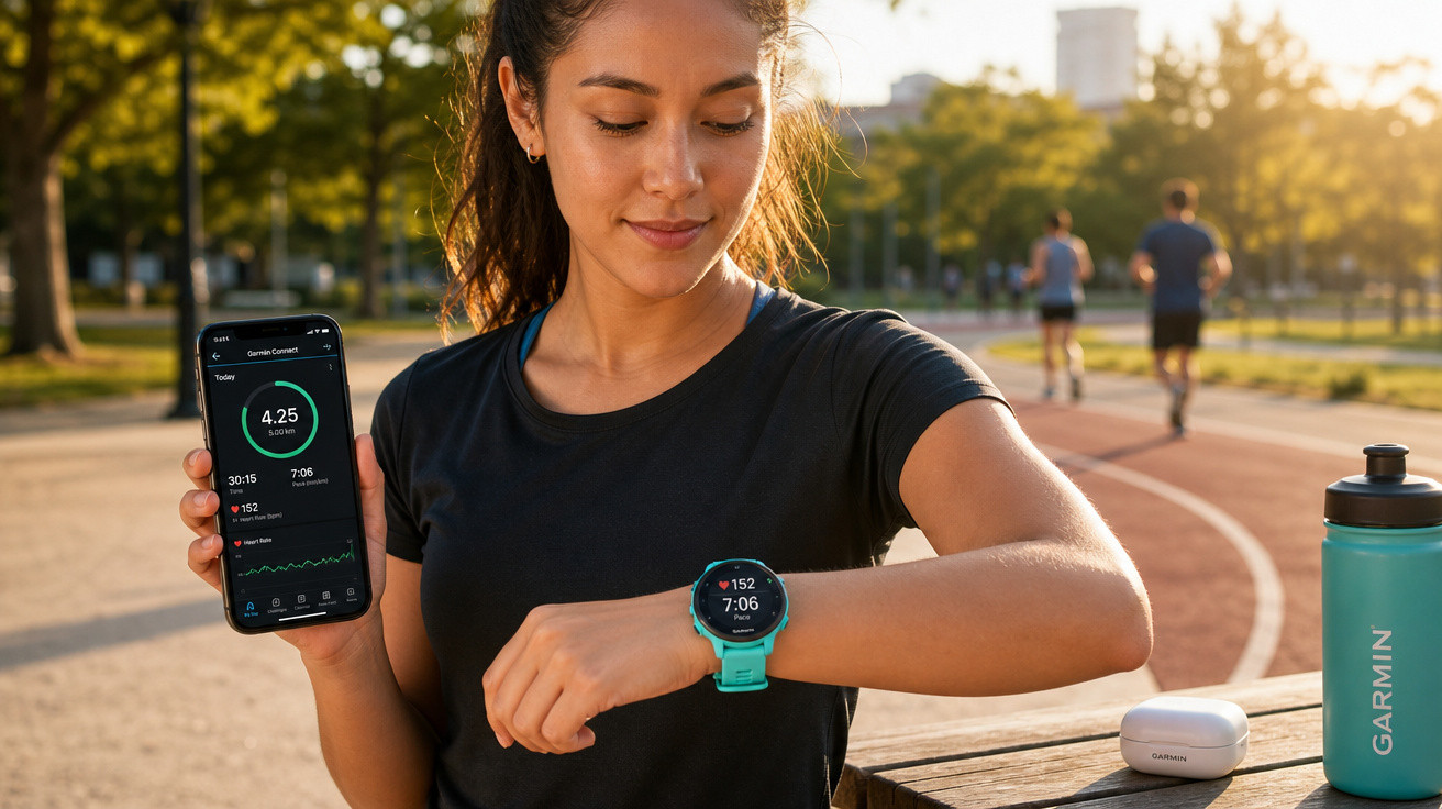 Mulher mostrando smartwatch e celular com app de corrida em pista ao ar livre no entardecer.