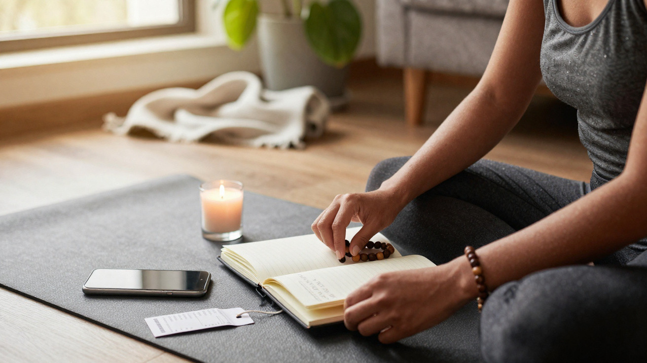 Pessoa sentada no chão meditando com mala de contas, vela acesa, caderno aberto e celular ao lado.