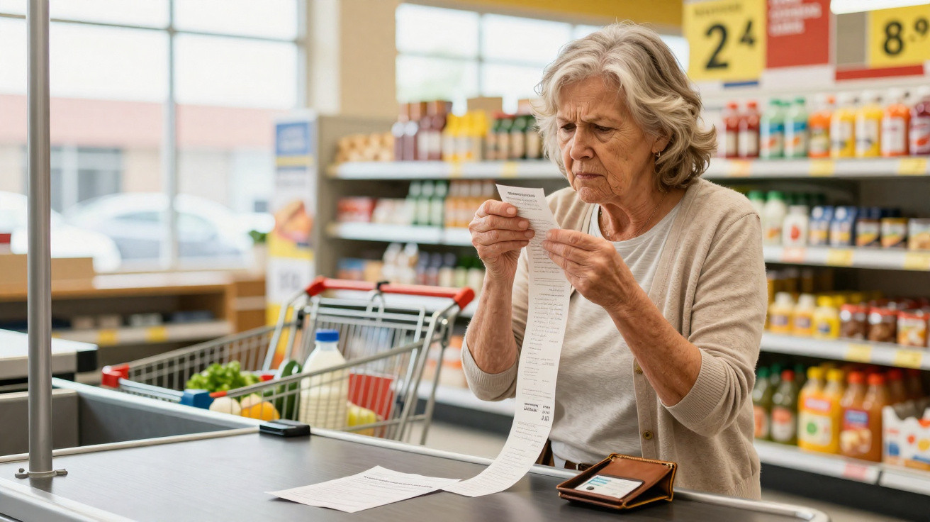 Mulher idosa olhando atentamente para o recibo no caixa de supermercado com carrinho ao fundo.