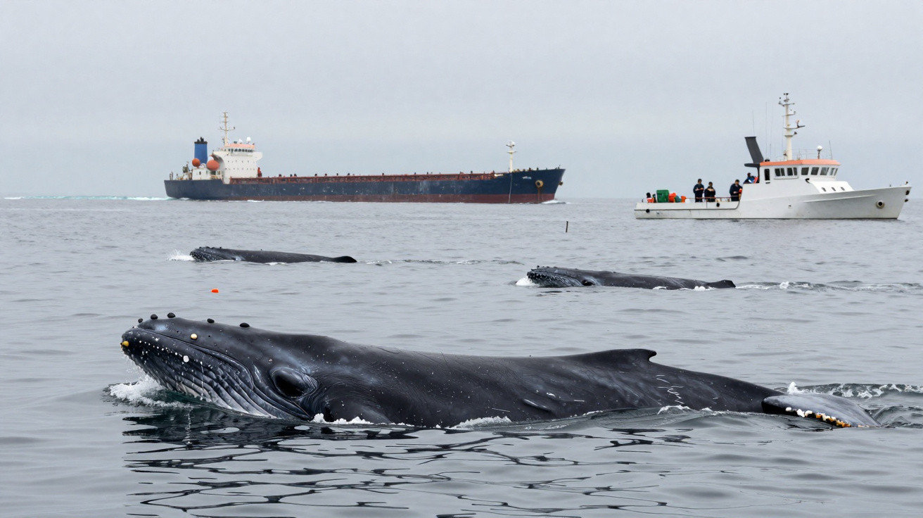 Baleias emergindo no mar com barco pequeno e navio cargueiro ao fundo em dia nublado.