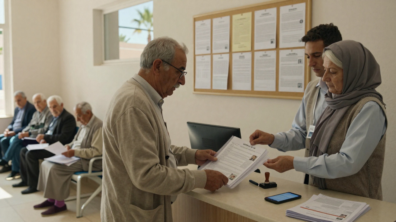 Idoso entregando documento para funcionários em balcão de atendimento em ambiente claro e organizado.