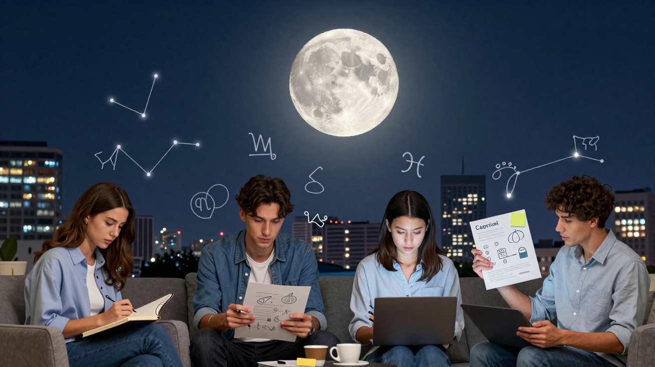 Quatro jovens estudando à noite com constelações, símbolos astrológicos e lua cheia ao fundo na cidade.