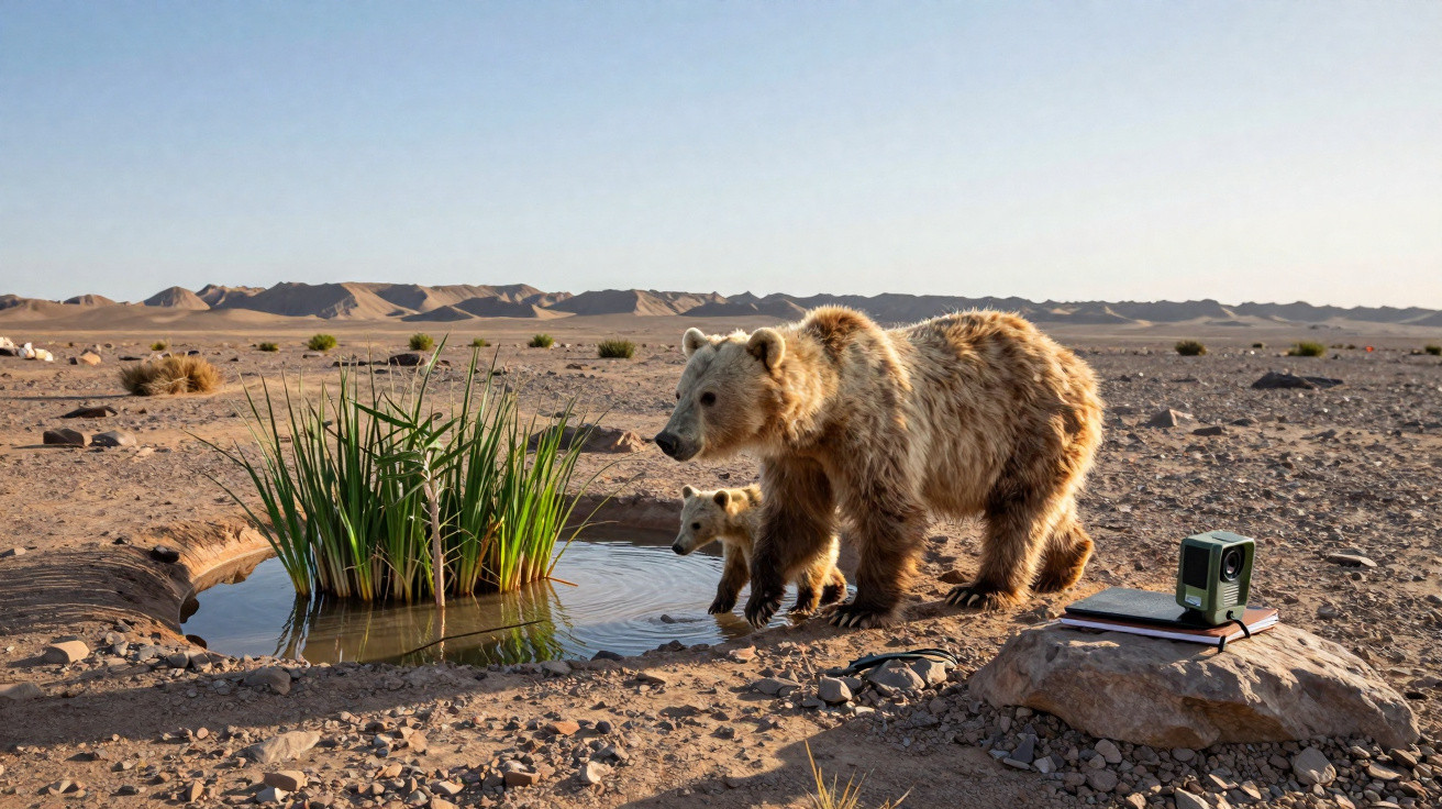 Ursa com filhote bebendo água em pequena lagoa no deserto com montanhas ao fundo e câmera fotográfica.