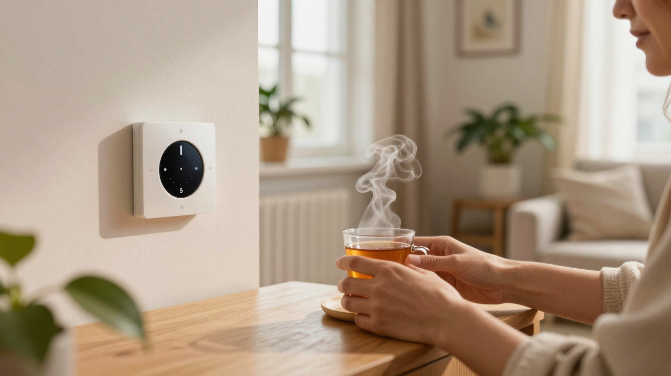 Pessoa segurando xícara de chá quente em mesa próxima a termostato digital na parede de ambiente aconchegante.
