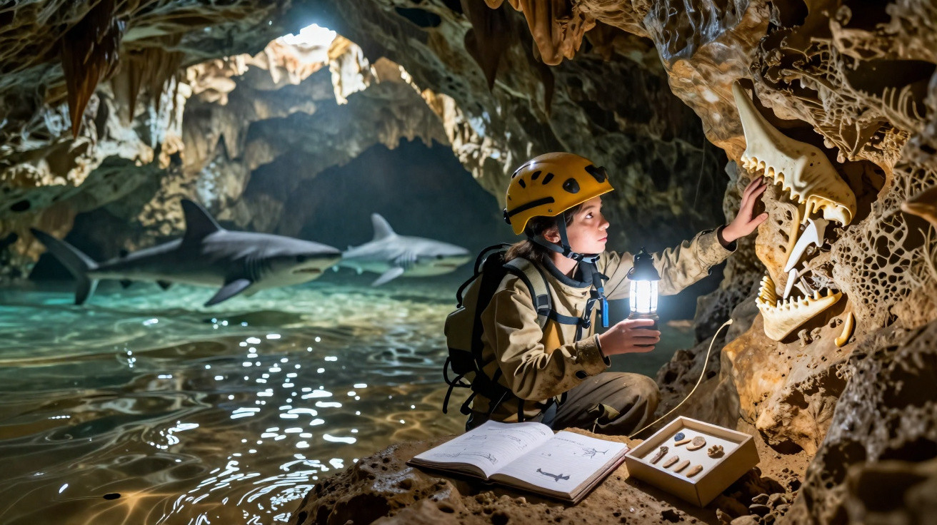 Explorador em caverna próxima a água com tubarões, examinando ossos de criatura marinha com lanterna.