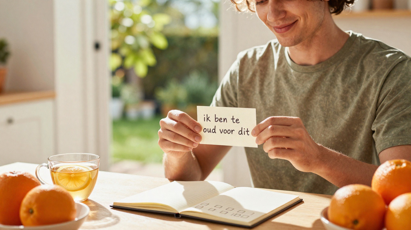 Homem sorridente segurando cartão com texto em holandês, sentado à mesa com frutas e chá.