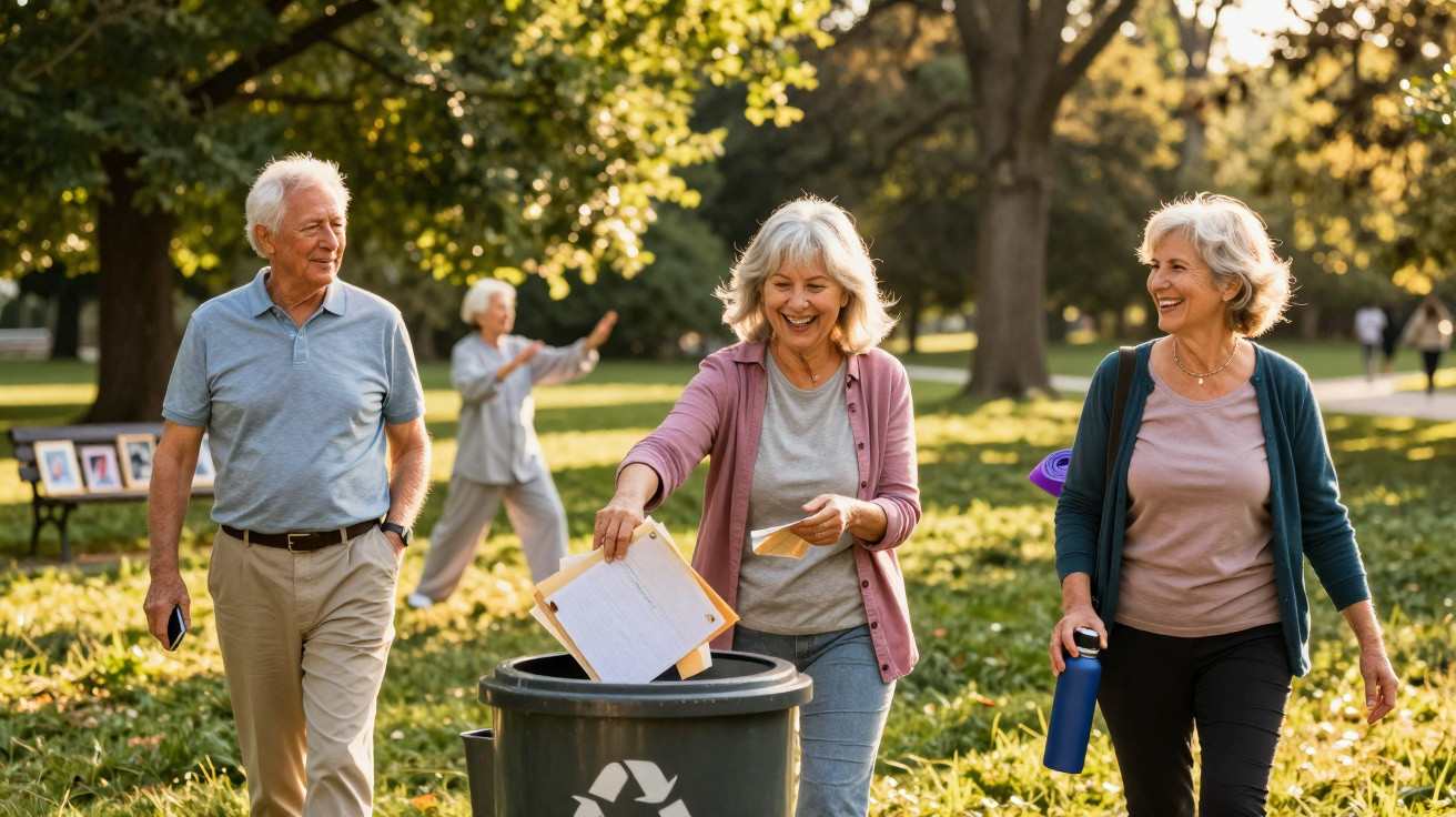 Grupo de idosos caminhando no parque, mulher jogando papel reciclável no lixo apropriado.