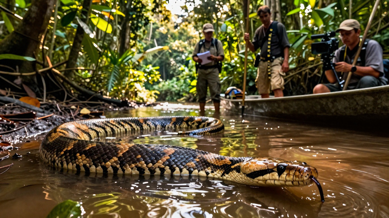 Jiboia nadando em rio na floresta com três homens observando em barco e na margem ao fundo.