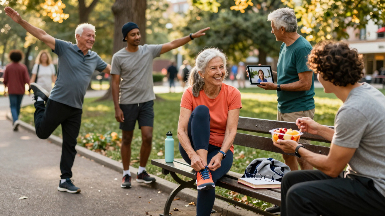 Grupo diversificado de pessoas envelhecidas se exercitando e socializando em um parque ao ar livre.