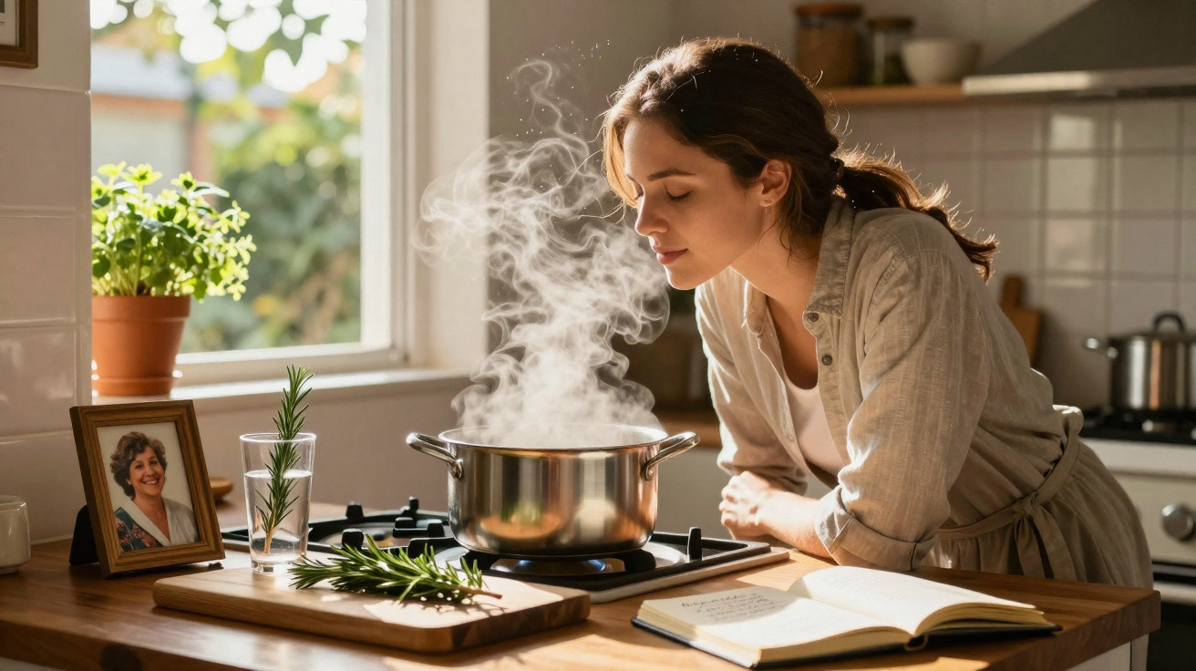 Mulher cheirando panela com vapor em cozinha iluminada por luz natural ao lado de livro aberto e temperos.
