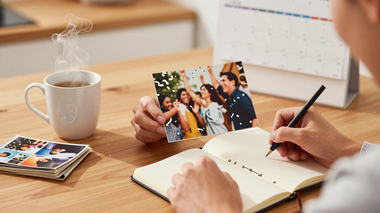 Pessoa segurando foto de grupo enquanto escreve em caderno aberto com caneca de café ao lado.
