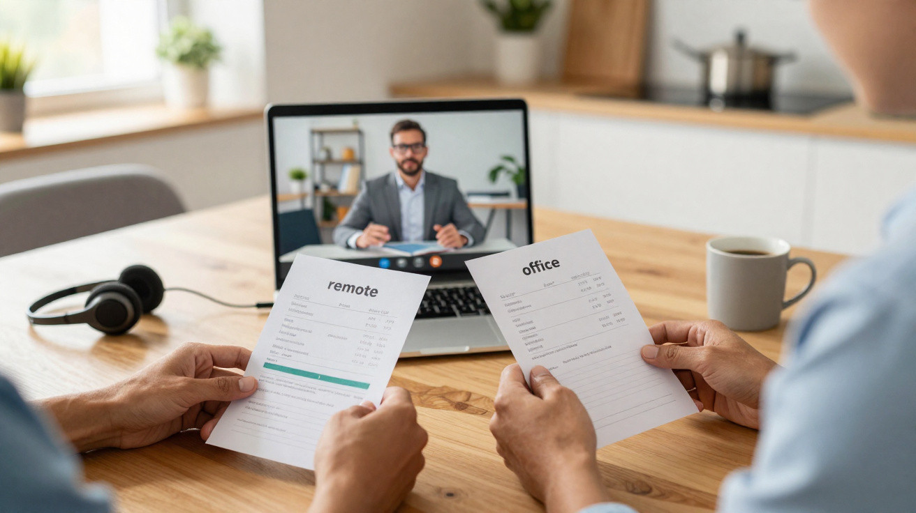 Duas pessoas seguram documentos enquanto participam de reunião virtual com homem em laptop em mesa de madeira.