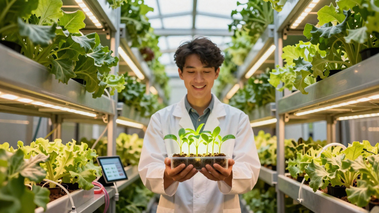 Jovem cientista em estufa segura bandeja com mudas verdes, cercado por plantas hidropônicas em estantes.