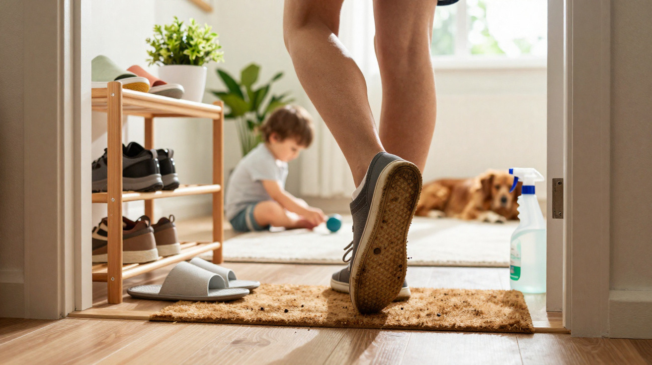 Pessoa retirando sapatos sujos na porta, enquanto criança brinca no chão e cachorro descansa ao fundo.