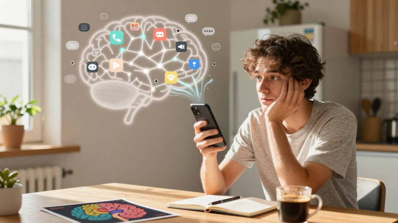 Jovem segurando smartphone, pensando, com ilustração de cérebro e ícones de redes sociais flutuando.