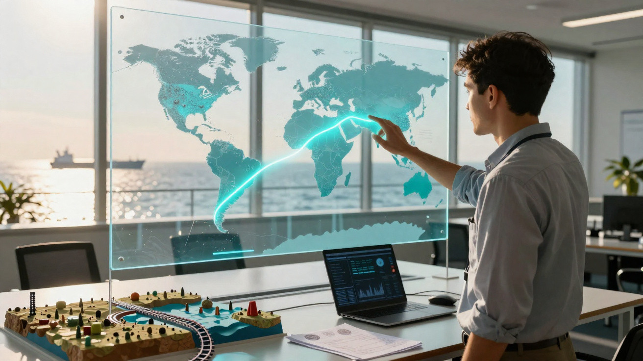 Homem interage com tela holográfica de mapa-múndi em escritório com vista para o mar e navio ao fundo.