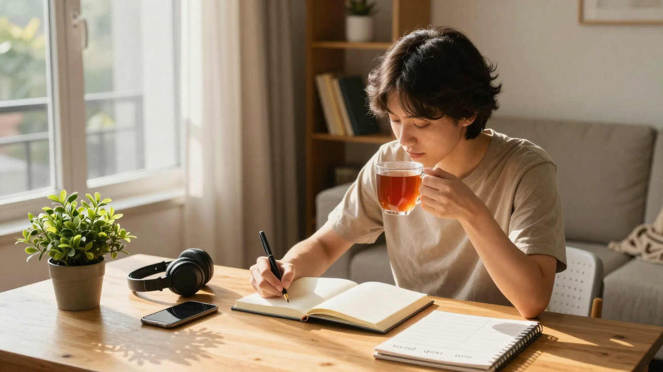 Jovem sentado escrevendo em caderno e tomando chá em mesa com plantas, fones e celular.