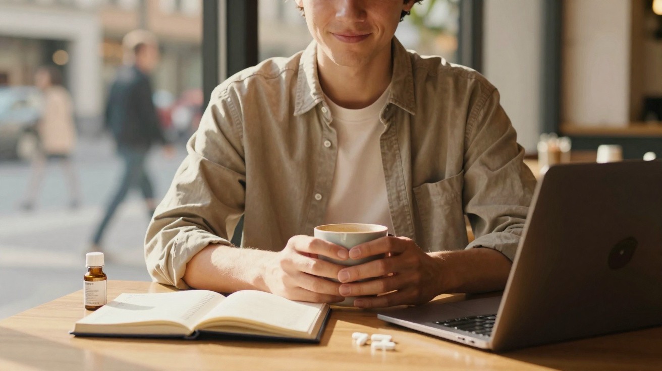 Pessoa segurando xícara de café, com livro aberto, remédios e notebook em mesa de café.