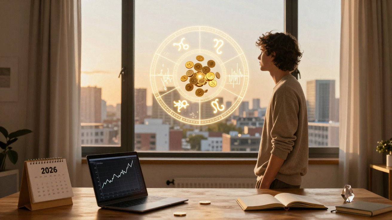Pessoa observando gráficos financeiros e símbolos astrológicos flutuantes atrás de uma mesa com laptop e calendário 2026.