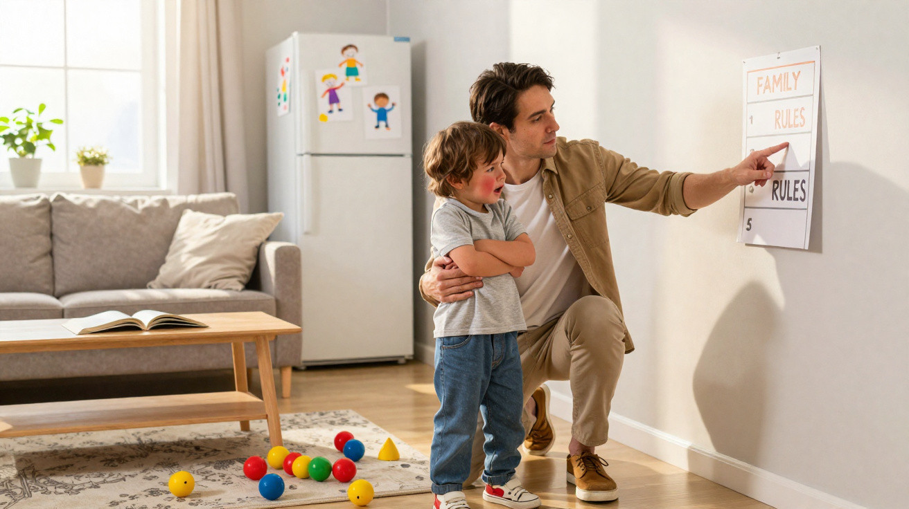 Pai e filho lendo regras da família em sala de estar, brinquedos coloridos espalhados pelo chão.