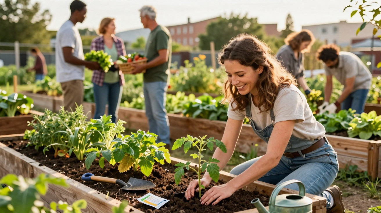 Grupo diverso cuidando de plantas em hortas urbanas com canteiros elevados em dia ensolarado.